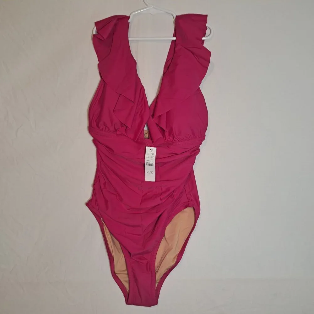 J. Crew One Piece Swimsuit SIze 12 Ruched V Neck Ruffled‎ Hot Pink Fuchsia New